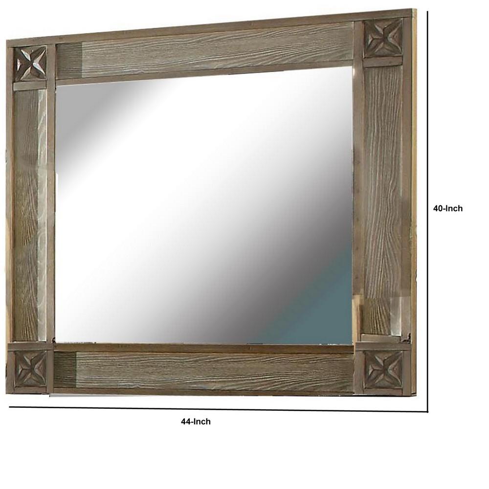 44 Inch Rectangular Mirror with Carved Corners, Brown - BM235465