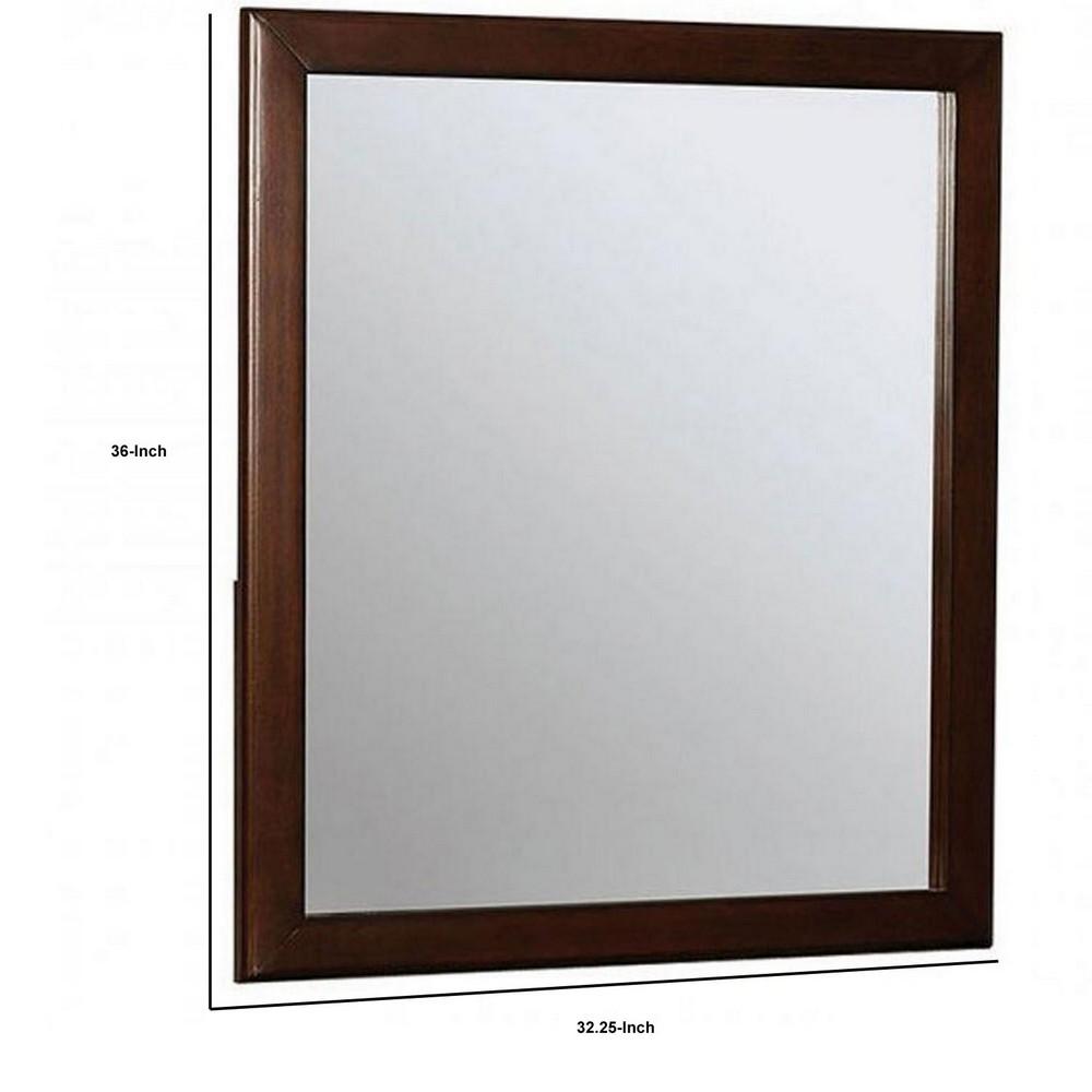 32 Inch Transitional Style Wooden Frame Mirror, Cherry - BM235474