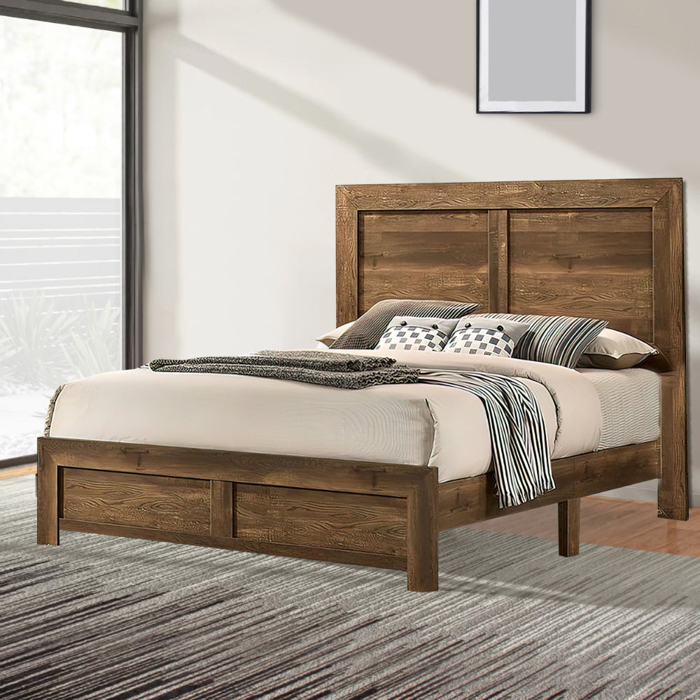 Benjara Rustic Style Wooden Queen Bed with Grain Details Brown