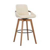 30 Inch Leatherette Swivel Barstool, Cream and Walnut - BM236356