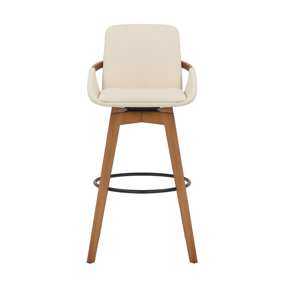 30 Inch Leatherette Swivel Barstool, Cream and Walnut - BM236356