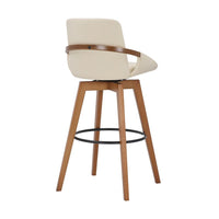 30 Inch Leatherette Swivel Barstool, Cream and Walnut - BM236356