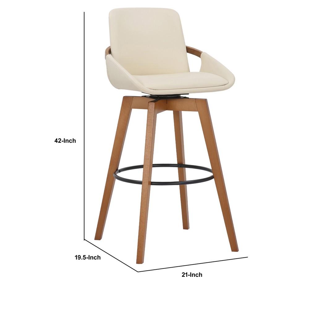 30 Inch Leatherette Swivel Barstool, Cream and Walnut - BM236356