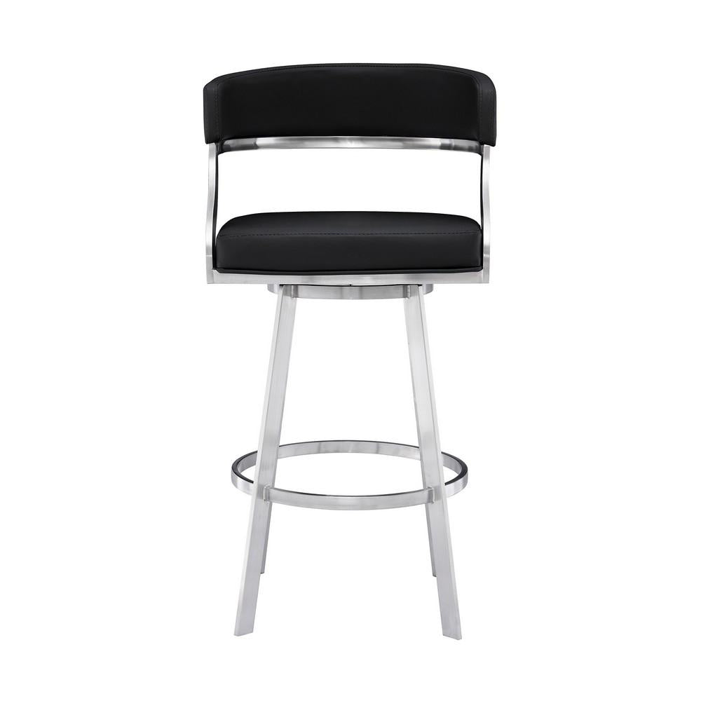 26 Inch Curved Seat Leatherette Swivel Barstool, Silver and Black - BM236606