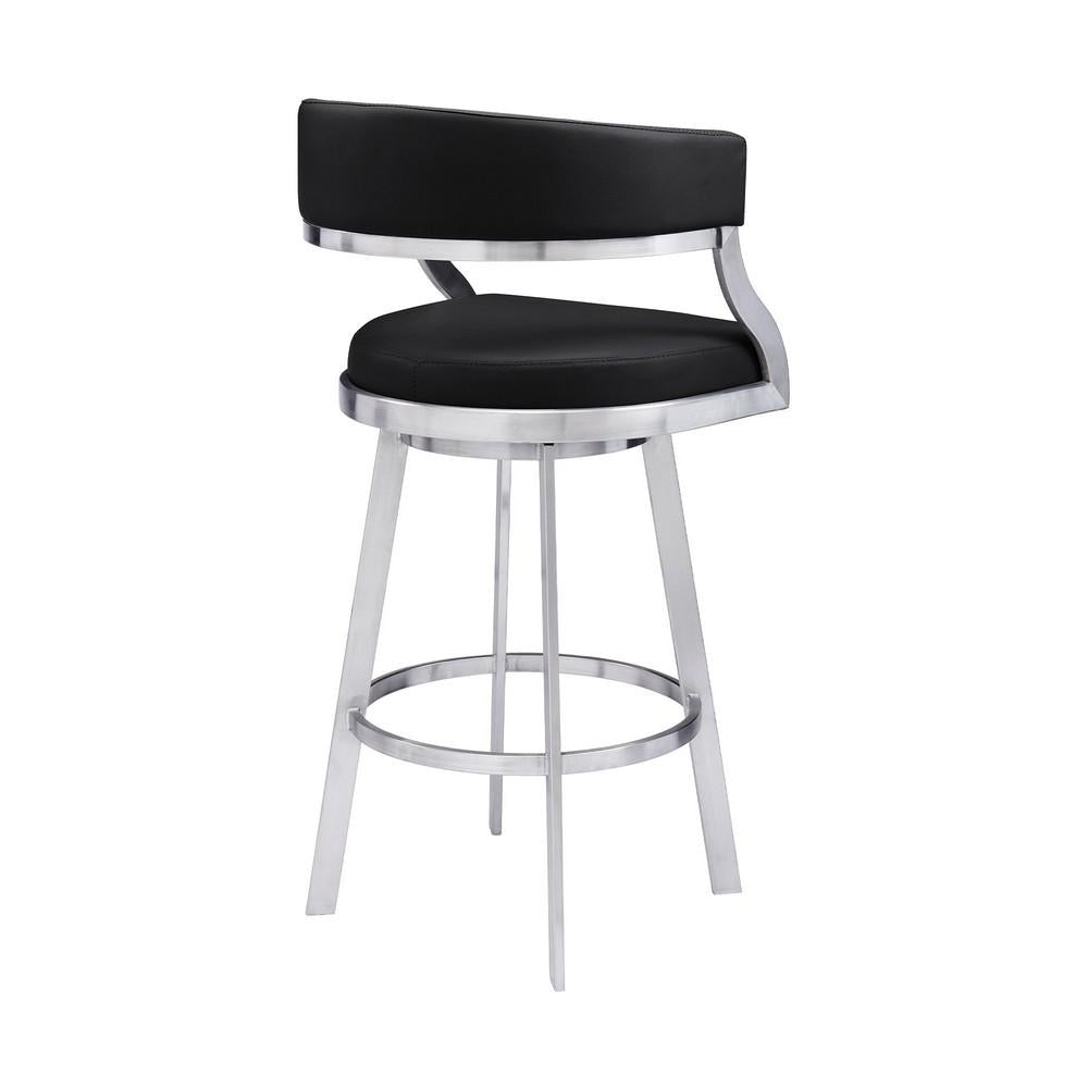 26 Inch Curved Seat Leatherette Swivel Barstool, Silver and Black - BM236606