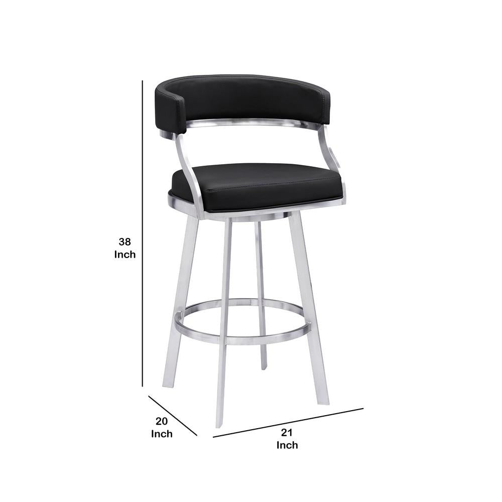 26 Inch Curved Seat Leatherette Swivel Barstool, Silver and Black - BM236606