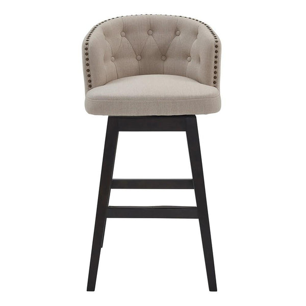 26 Inch Button Tufted Fabric Swivel Counter Stool, Angled Wood Legs, Beige - BM236706