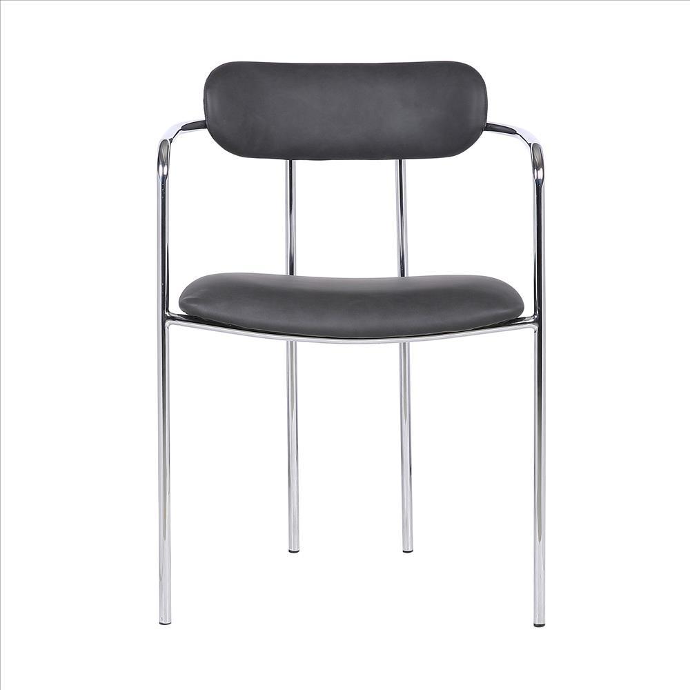 Metal and Leatherette Dining Chair, Set of 2, Silver and Gray - BM236775