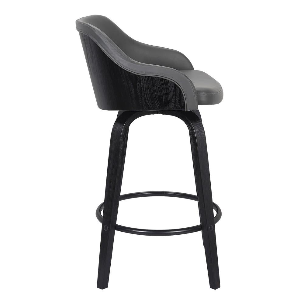 26 Inch Wooden and Leatherette Swivel Barstool, Black and Gray - BM236781