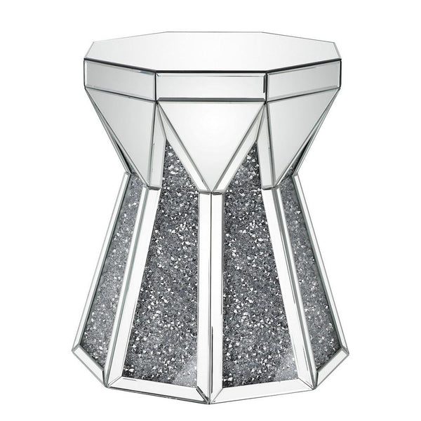 Multiple Faceted Mirrored End Table with Faux Diamonds, Silver - BM238109