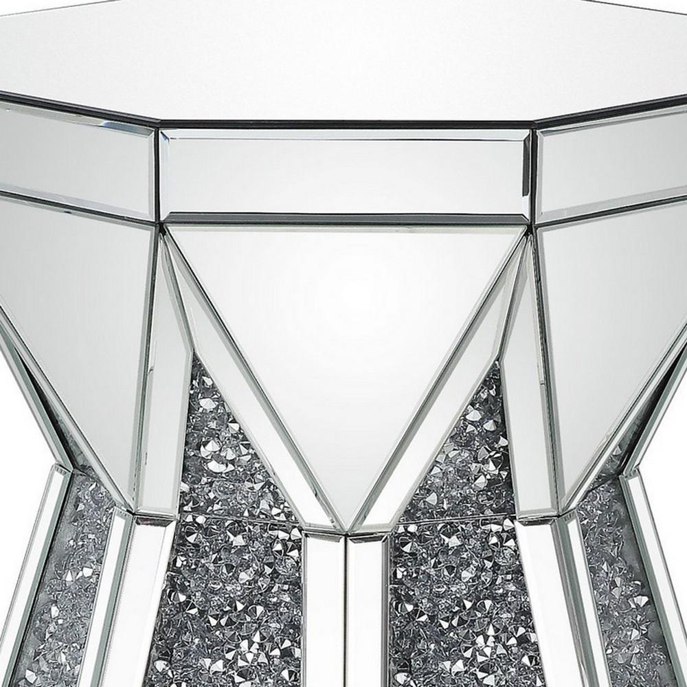 Multiple Faceted Mirrored End Table with Faux Diamonds, Silver - BM238109