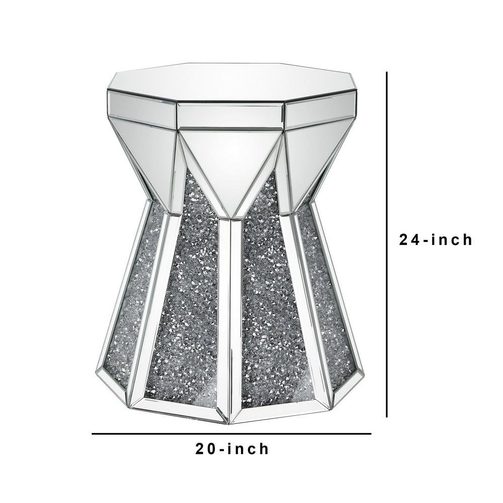 Multiple Faceted Mirrored End Table with Faux Diamonds, Silver - BM238109