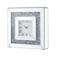 Square Mirrored Accent Clock with Faux Diamond Inlays, Silver - BM238119