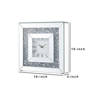 Square Mirrored Accent Clock with Faux Diamond Inlays, Silver - BM238119