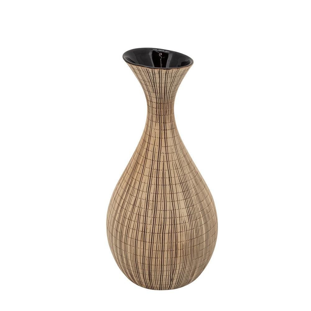 Pot Bellied Shape Ceramic Vase with Sleek Flared Neck, Beige - BM238121