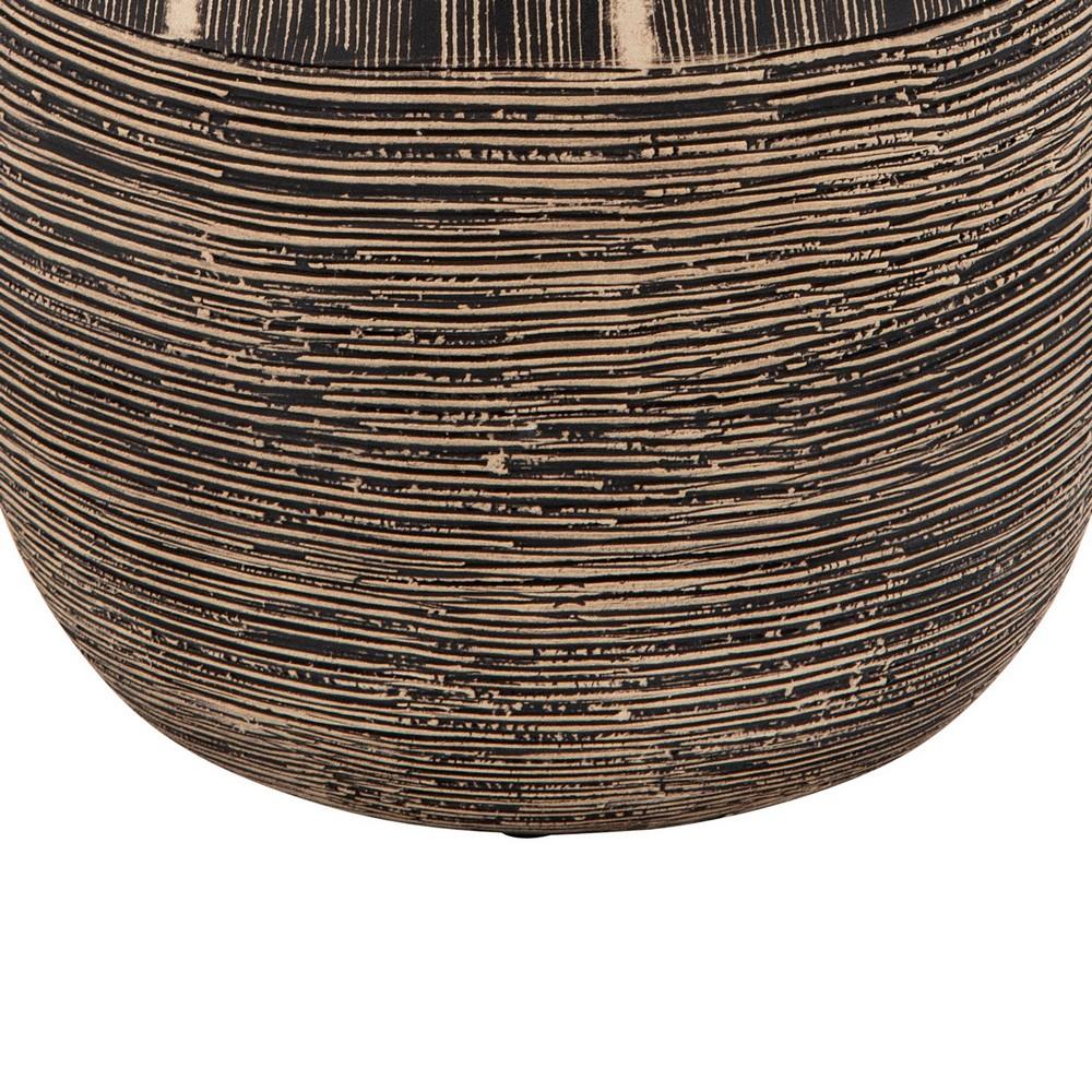 Bellied Shape Ceramic Vase with Textured Lines, Brown - BM238124