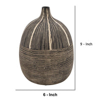 Bellied Shape Ceramic Vase with Textured Lines, Brown - BM238124