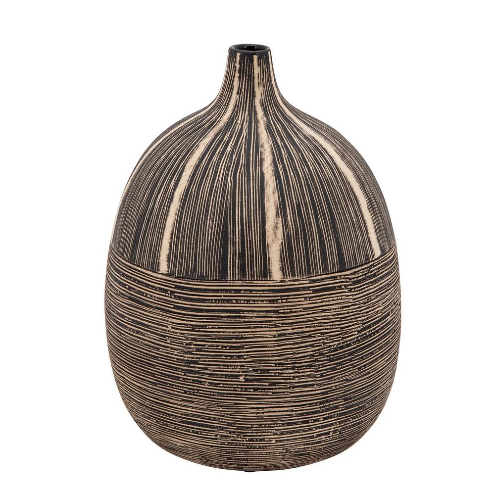 Bellied Shape Ceramic Vase with Textured Lines, Brown - BM238124