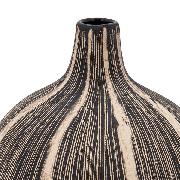 10 Inch Bellied Shape Ceramic Vase, Textured Lines, Brown, Black - BM238125