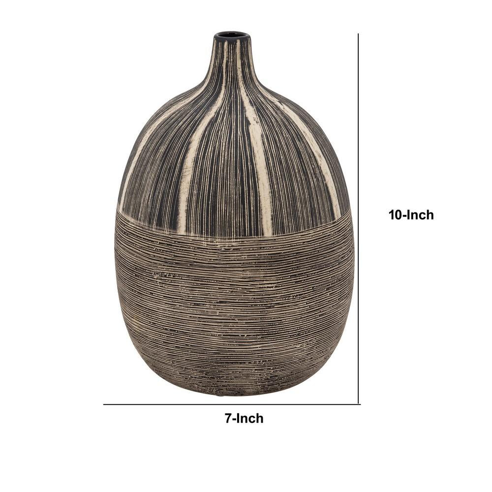 10 Inch Bellied Shape Ceramic Vase, Textured Lines, Brown, Black - BM238125