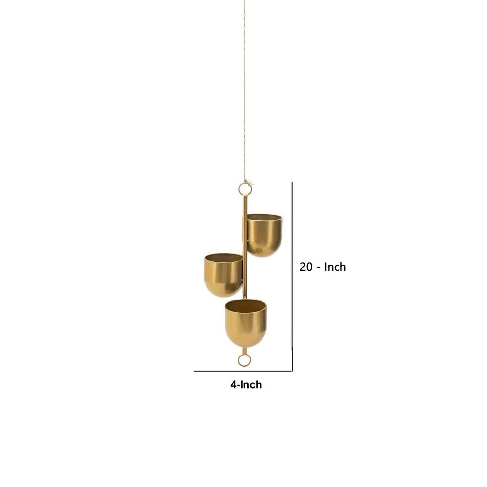 20 Inch Hanging Design 3 Dome Metal Planters, Gold - BM238126