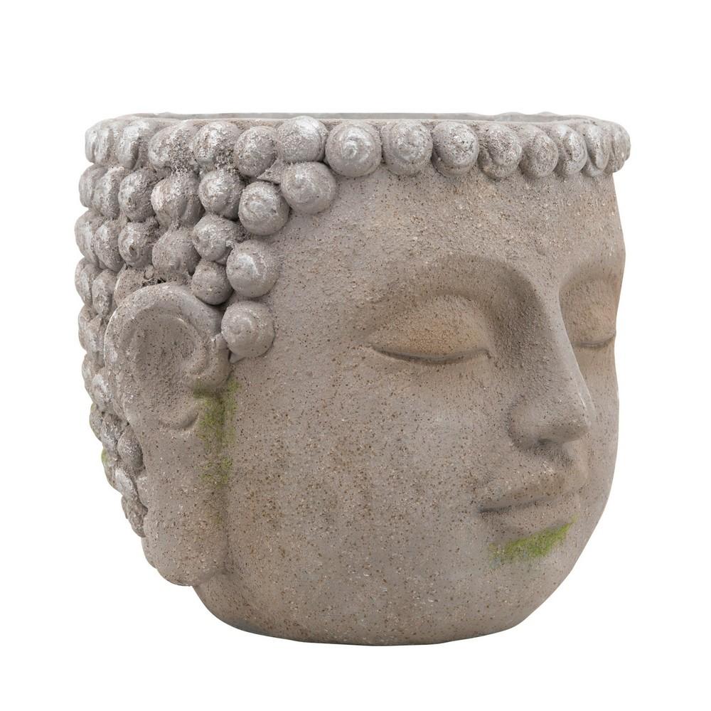 Buddha Head Design Resin Planter with Round Opening, Gray - BM238152