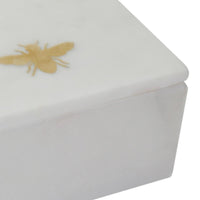 Rectangular Marble Box with Bee Accent and Hexagonal Patten, White - BM238157