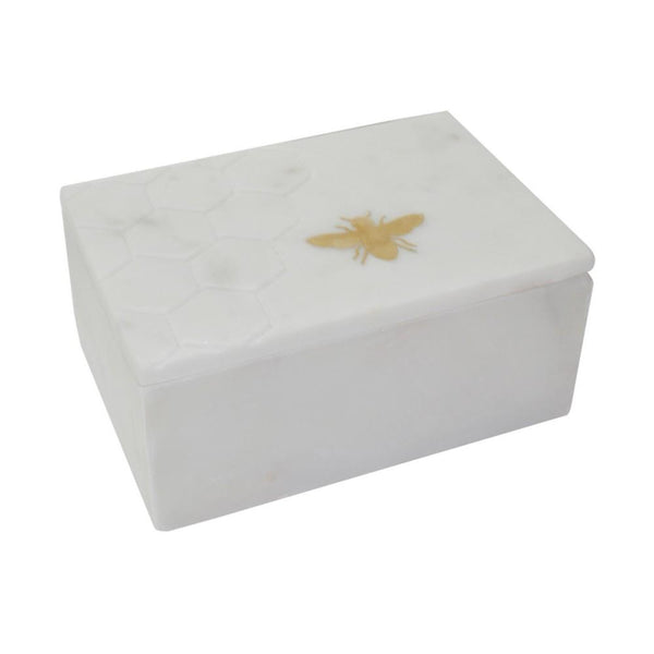 Rectangular Marble Box with Bee Accent and Hexagonal Patten, White - BM238157