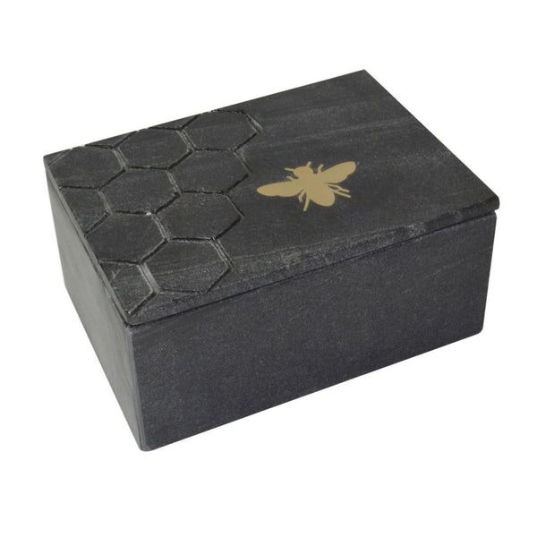 Rectangular Marble Box with Bee Accent and Hexagonal Patten, Black - BM238158