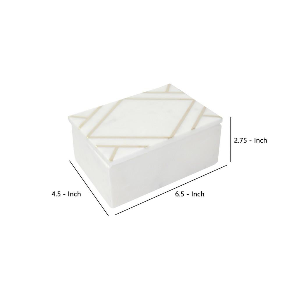 Rectangular Marble Box with Geometric Design Accent, White - BM238166