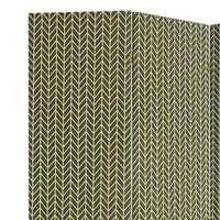71 Inch 3 Panel Wood Room Divider, Herringbone Print, Fabric, White, Green - BM238283