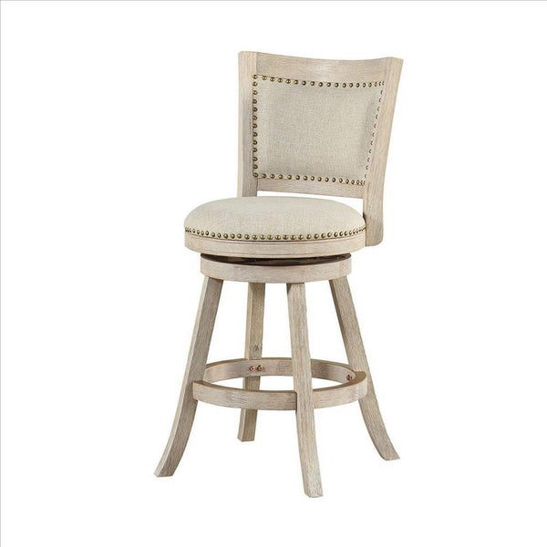 Curved Back Wood Swivel Counter Stool, Nailhead Trim, Driftwood Wire-Brush, Ivory - BM239738