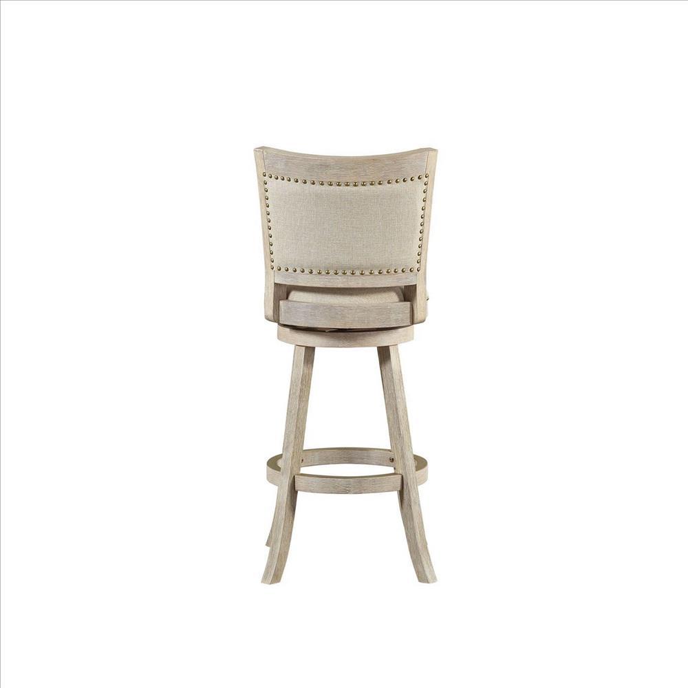 29 Inch Curved Back Wooden Swivel Bar Stool with Nailhead Trim, Gray - BM239739