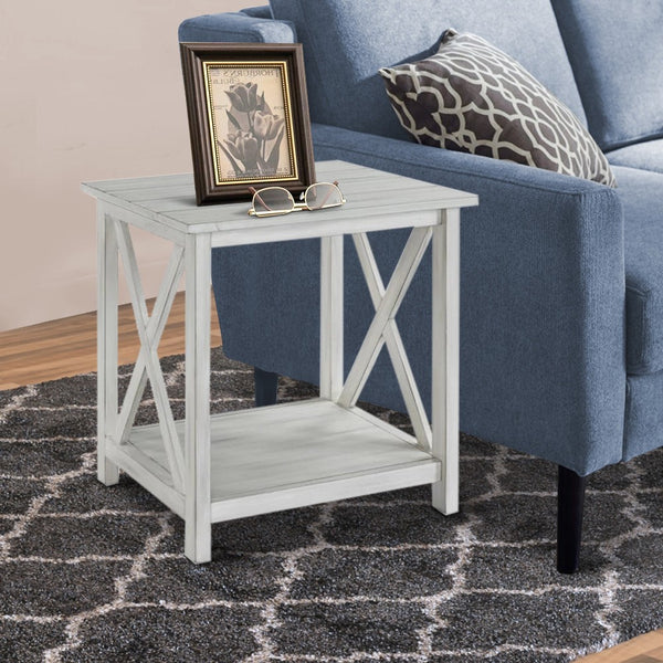 1 Open Shelf Wooden End Table with X Shaped Accents, White - BM239762