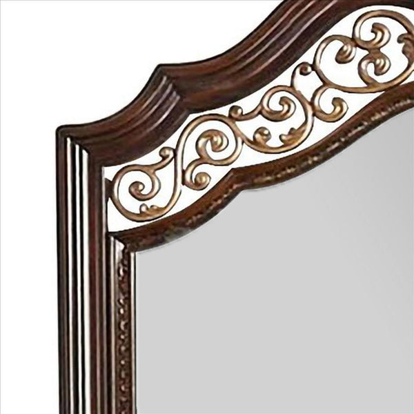 Molded Wooden Frame Mirror with Ornate Detailing, Brown By Casagear Home - BM239800