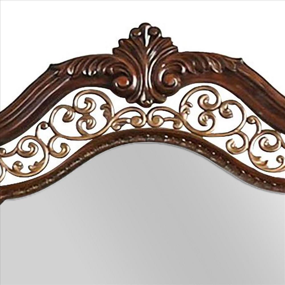 Molded Wooden Frame Mirror with Ornate Detailing, Brown By Casagear Home - BM239800