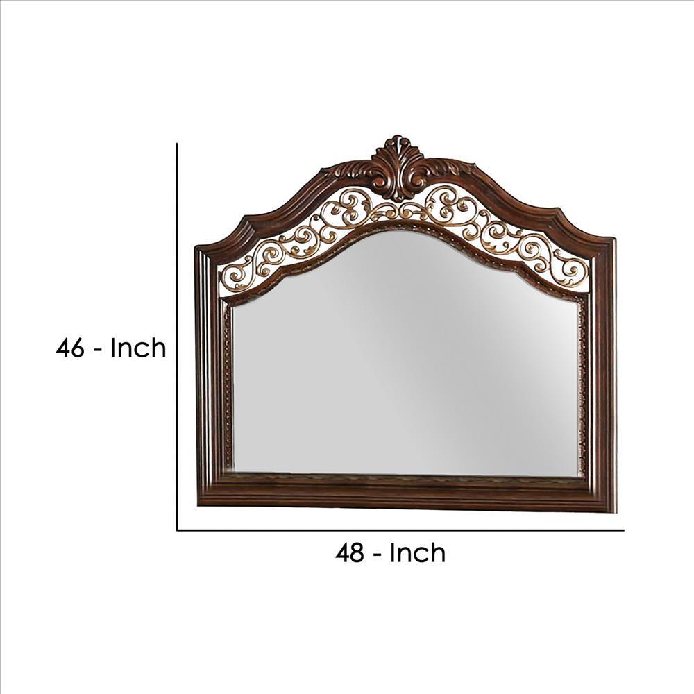 Molded Wooden Frame Mirror with Ornate Detailing, Brown By Casagear Home - BM239800