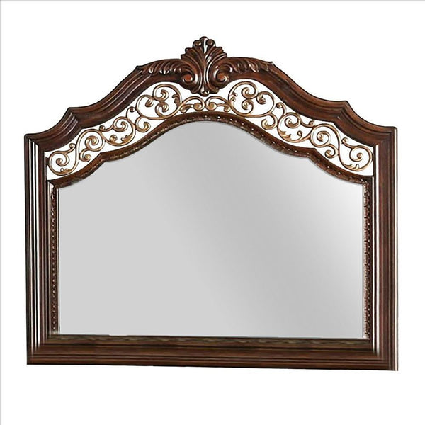 Molded Wooden Frame Mirror with Ornate Detailing, Brown By Casagear Home - BM239800