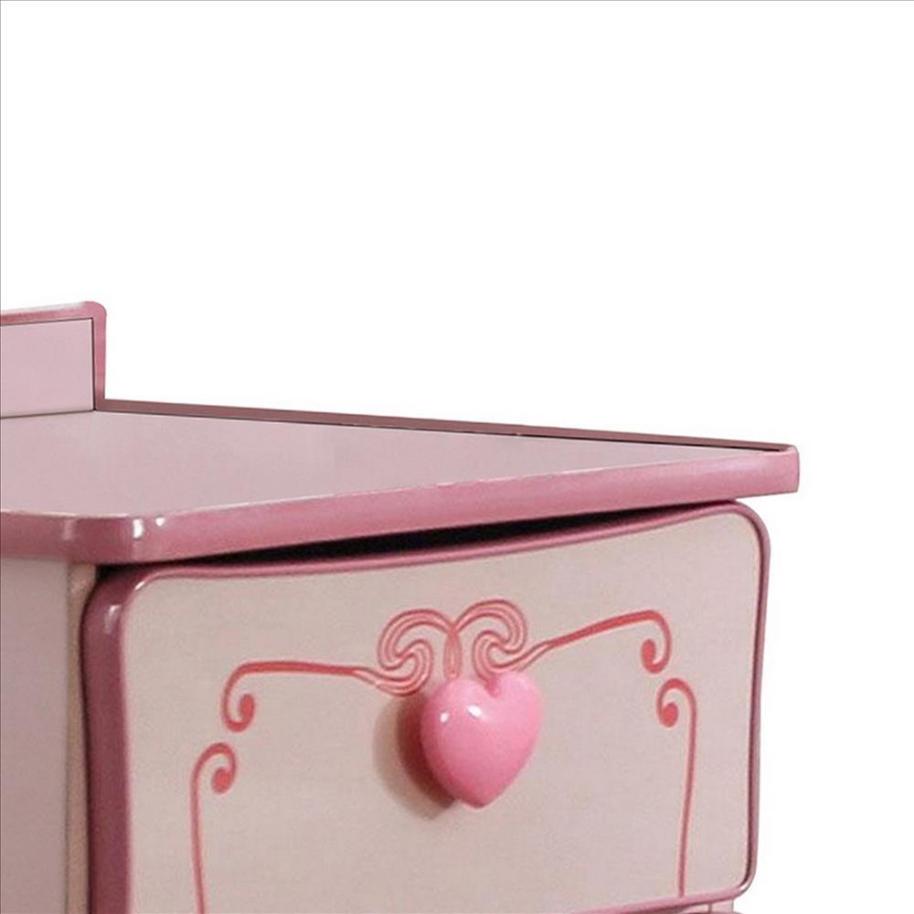 2 Drawer Wooden Nightstand with Heart Knob Pulls, Pink - BM239802