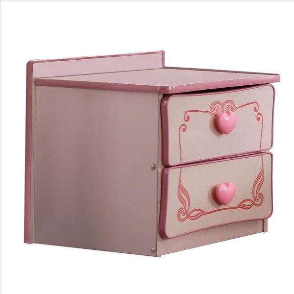 2 Drawer Wooden Nightstand with Heart Knob Pulls, Pink - BM239802