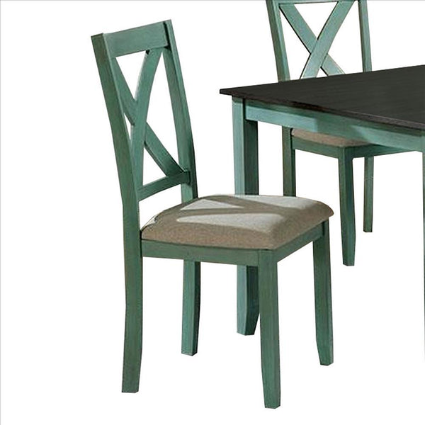 5 Piece Dining Table Set with Padded Seat, X Back, Distressed, Green, Gray - BM239814