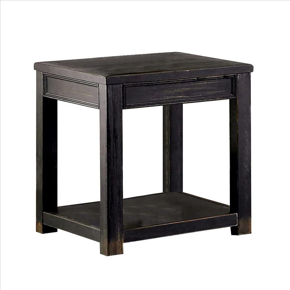 24 Inches Wooden End Table with Open Shelf, Antique Black - BM239833