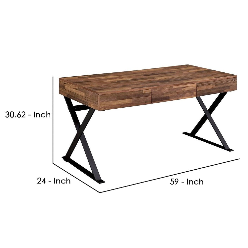 Industrial 3 Drawer Writing Desk with X Legs, Brown and Black - BM240034