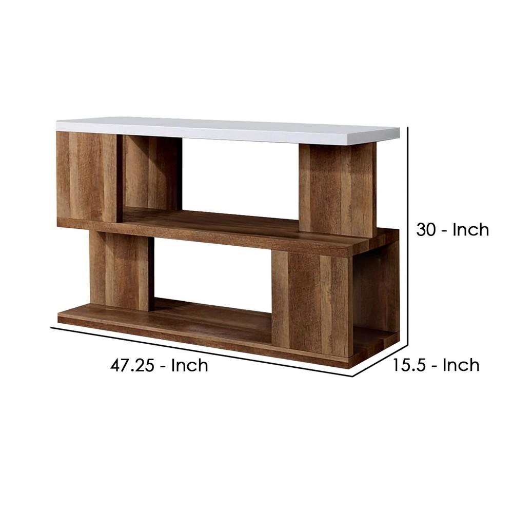 Two Tone Modern Sofa Table with Bottom Shelf, White and Brown - BM240041