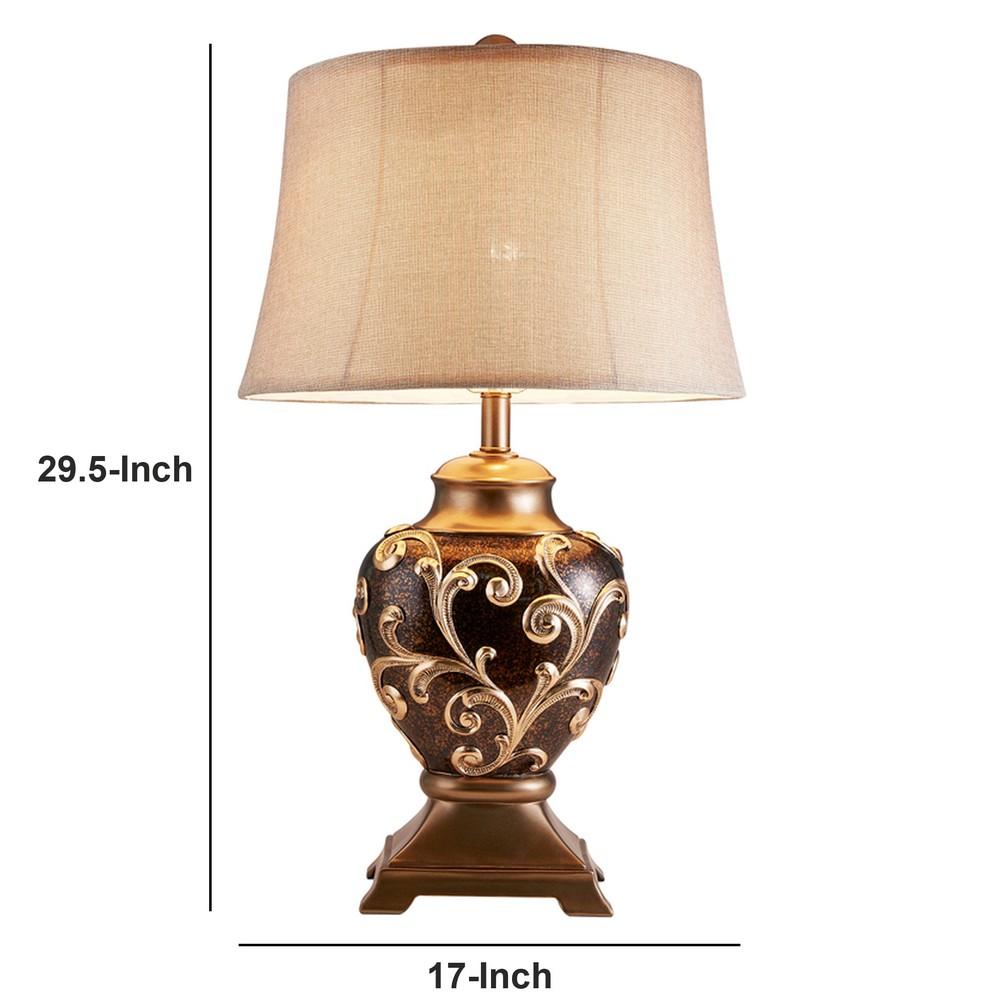 Table Lamp with Filigree Accent Base and Fabric Shade, Brown - BM240299