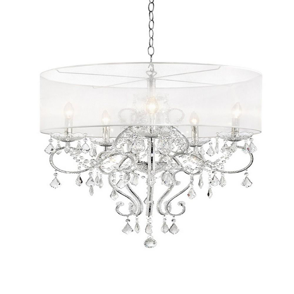 benzara 32 Inch Ceiling Lamp with Hanging Crystals Round Canopy Silver - BM240301
