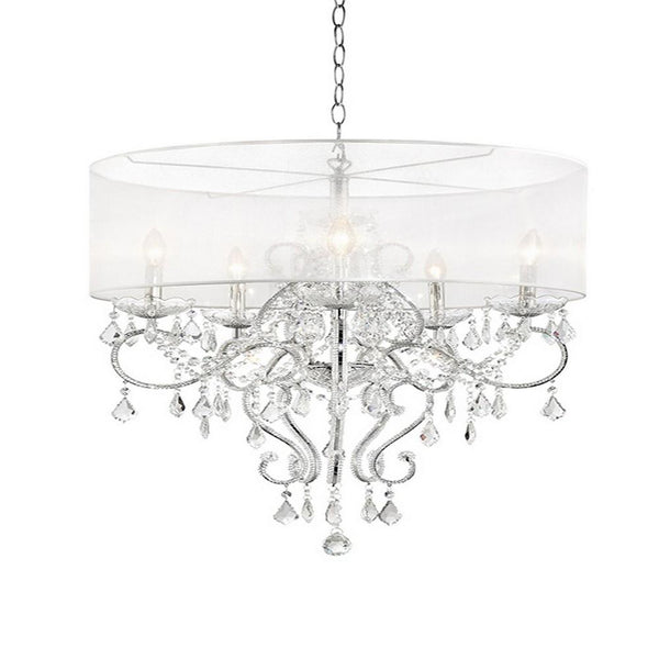 32 Inch Ceiling Lamp with Hanging Crystals, Round Canopy, Silver - BM240301