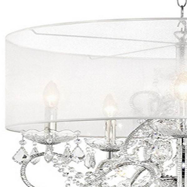 32 Inch Ceiling Lamp with Hanging Crystals, Round Canopy, Silver - BM240301