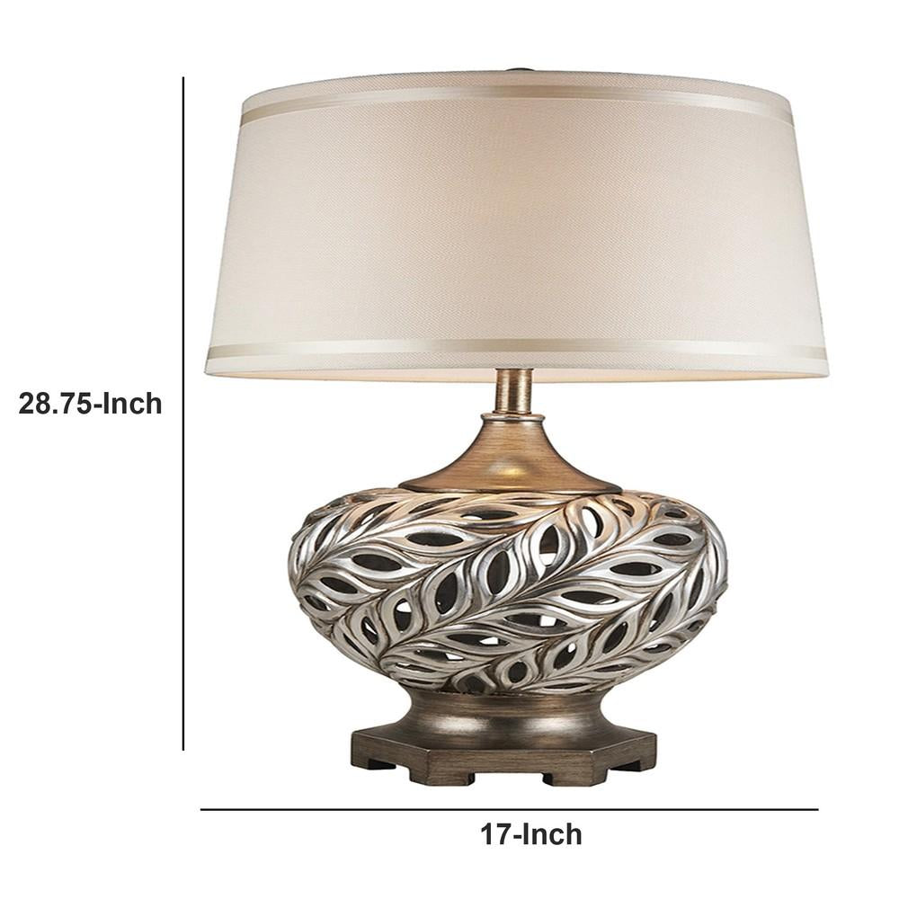 Table Lamp with Scrolled Peacock Feather Cutout Base, Silver - BM240303