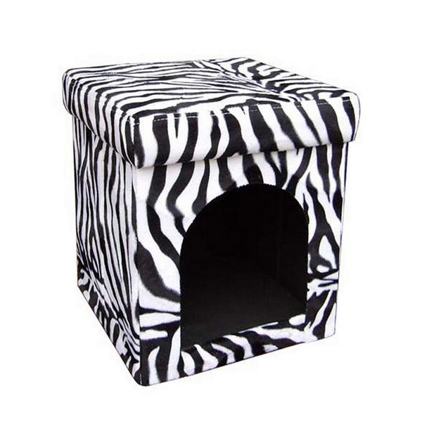 Pet House with Zebra Print Fabric and Removable Top, White and Black - BM240405